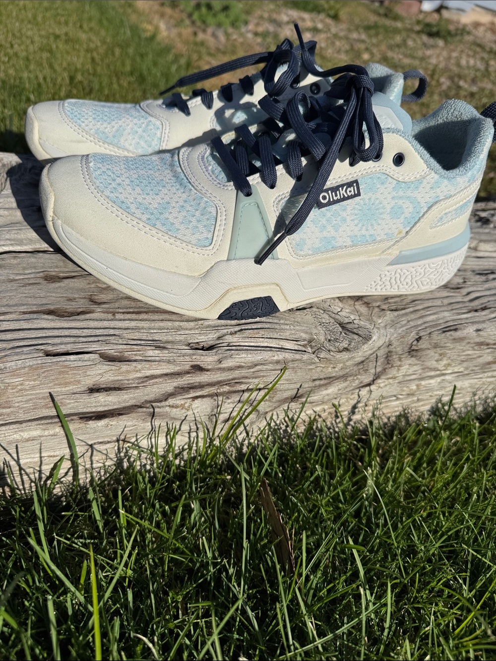 OluKai Kids Pale Blue and Cream Sneakers with Navy Laces
